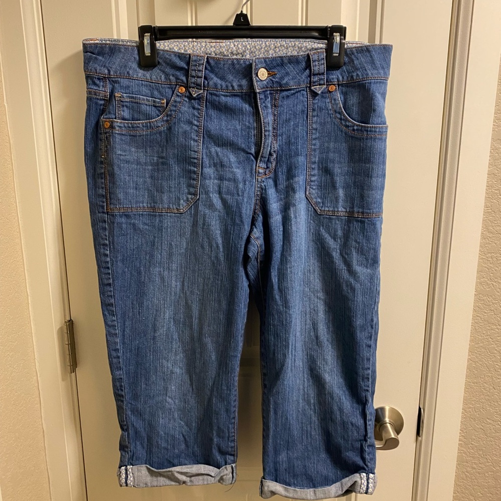 Faded Glory 14 Jeans Capri Length Stretch Blue Denim Rolled Cuff